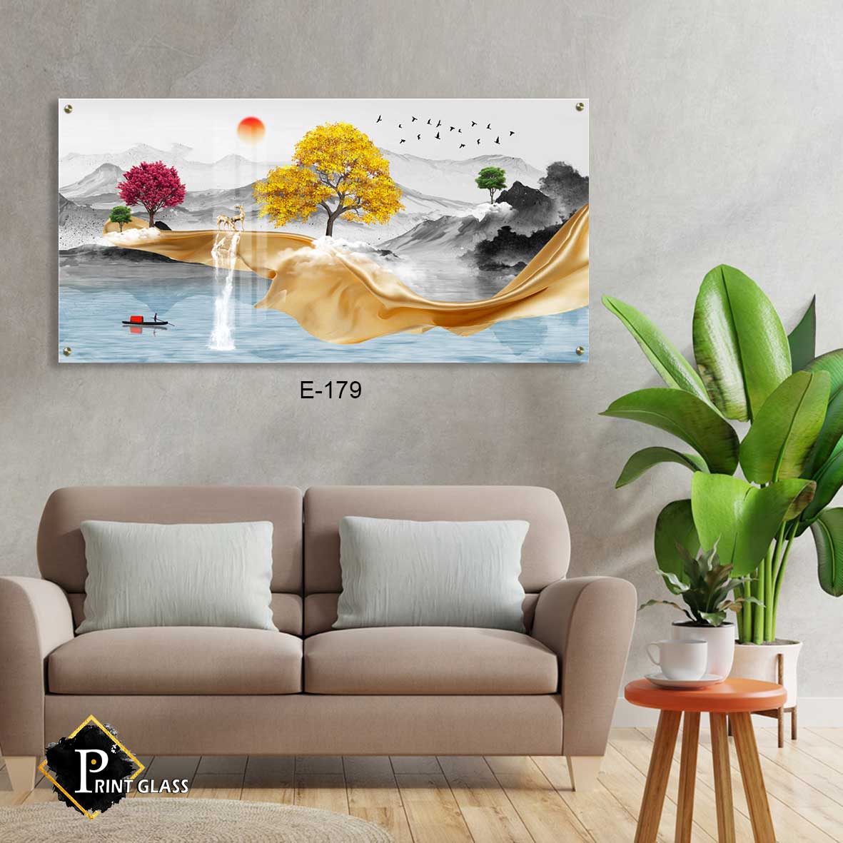 תמונת מיוחדת לסלון מזכוכית של נוף צבעוני ושחור לבן