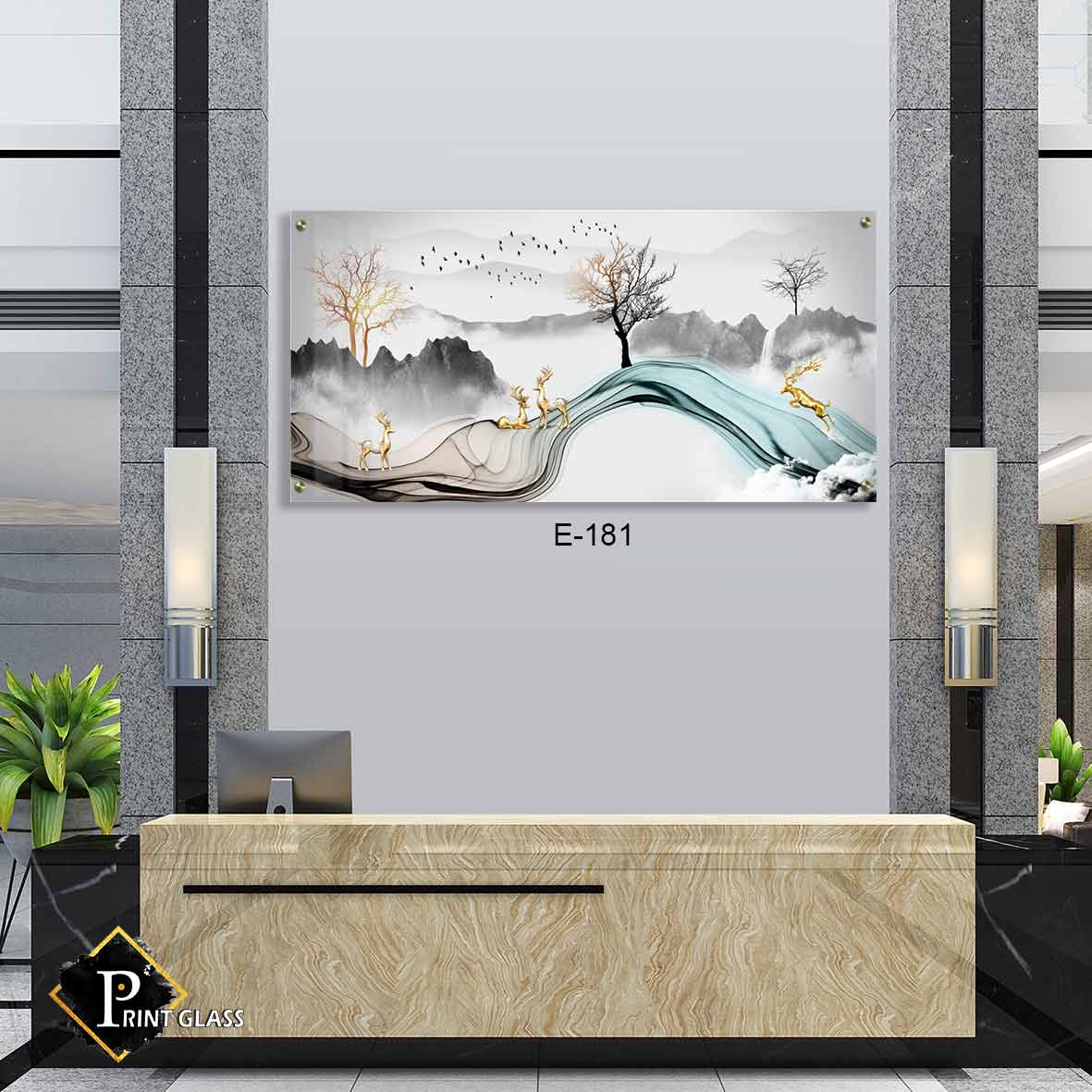 תמונה יפה לסלון מזכוכית של איילי זהב ברקע שחור לבן