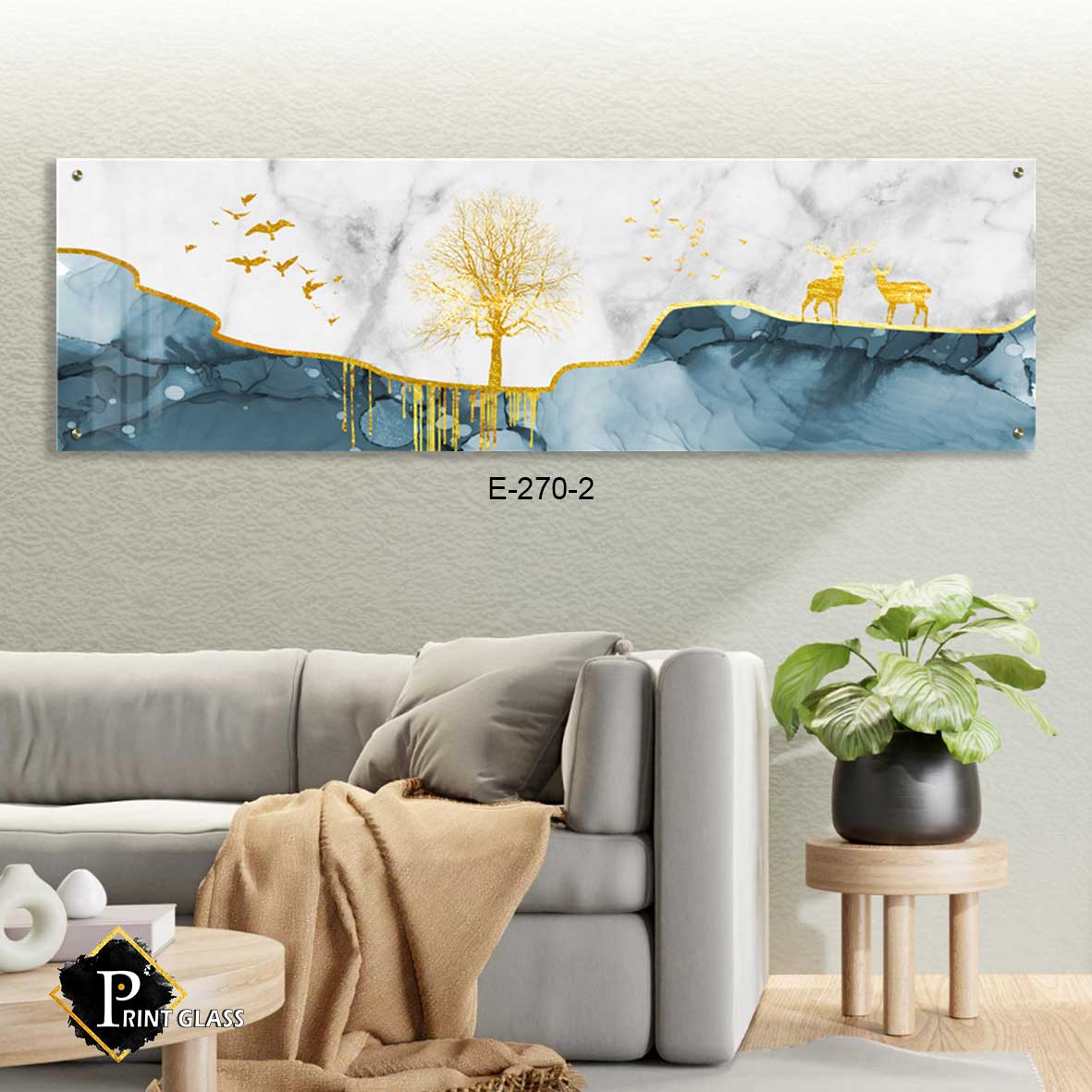 תמונת ציור לסלון מזכוכית של איילים וציפורים בזהב