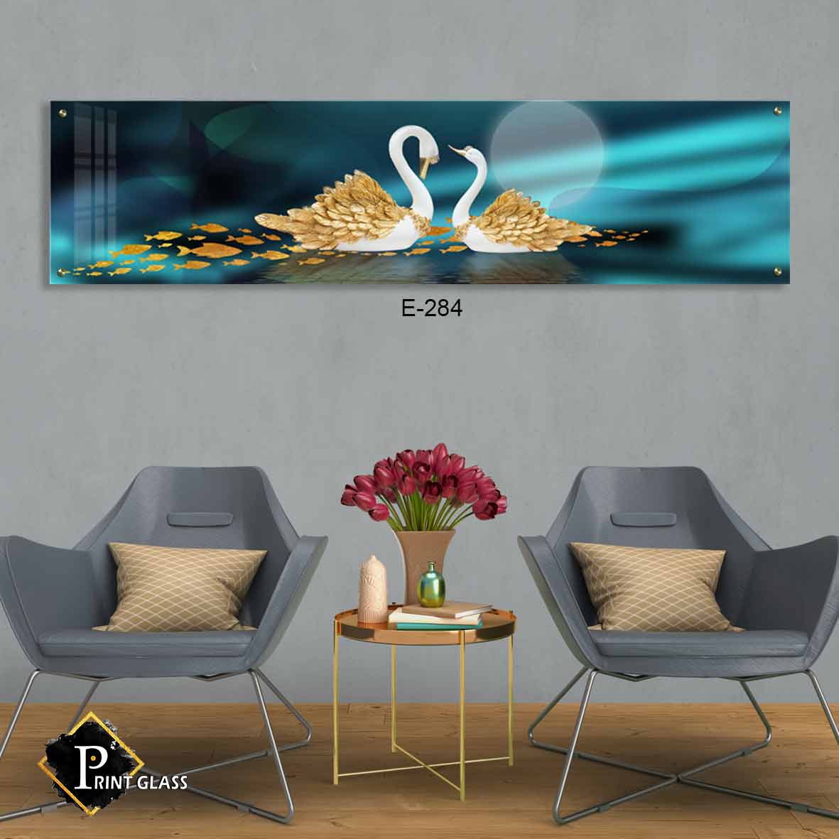 תמונה קלאסית לסלון מזכוכית של זוג ברבורים