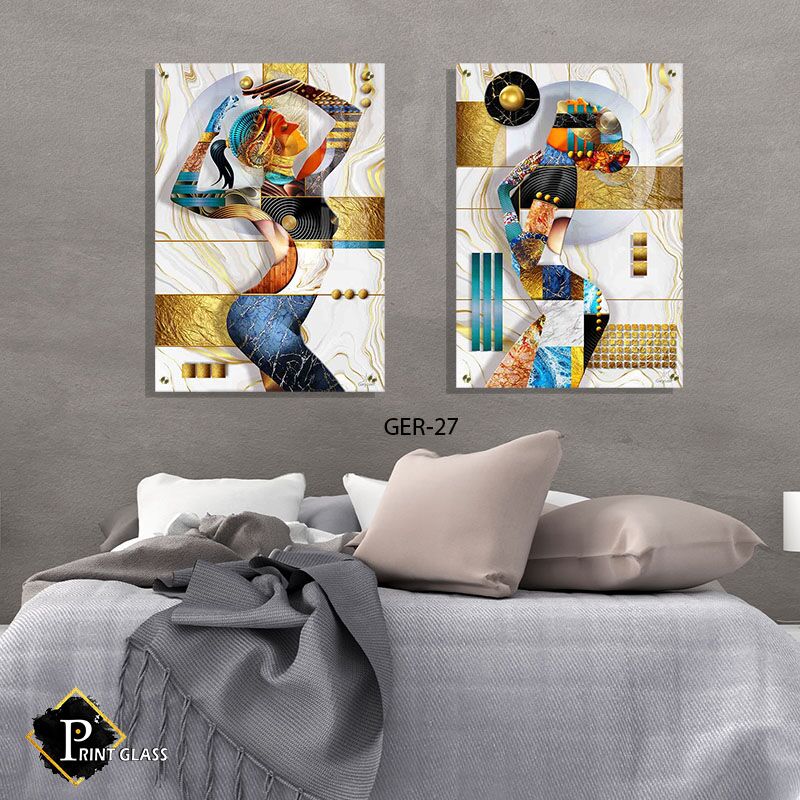 זוג תמונות זכוכית נשים לסלון בסגנון גיאומטרי