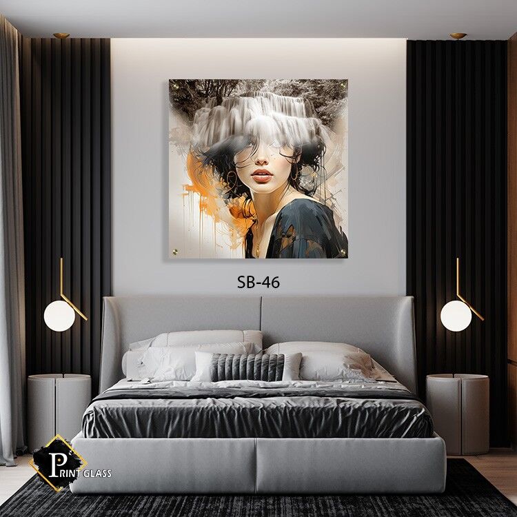 תמונה לחדר שינה מזכוכית מרובעת של אישה בשילוב נוף מפלים