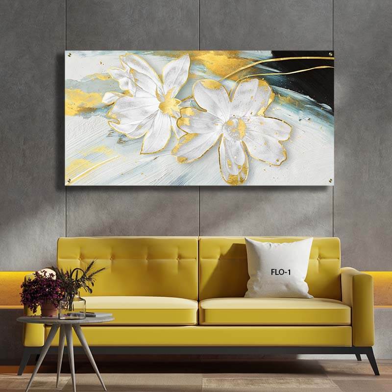 תמונת זכוכית לסלון פרחים לבנים עם נגיעות זהב