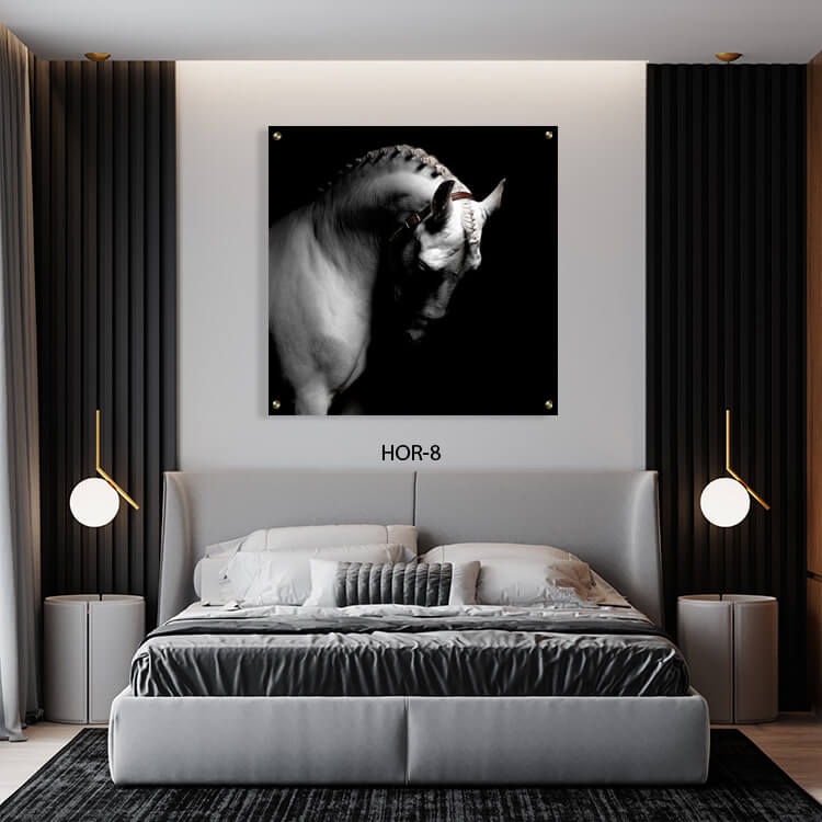 תמונת קיר לחדר שינה מזכוכית מרובעת של סוס לבן