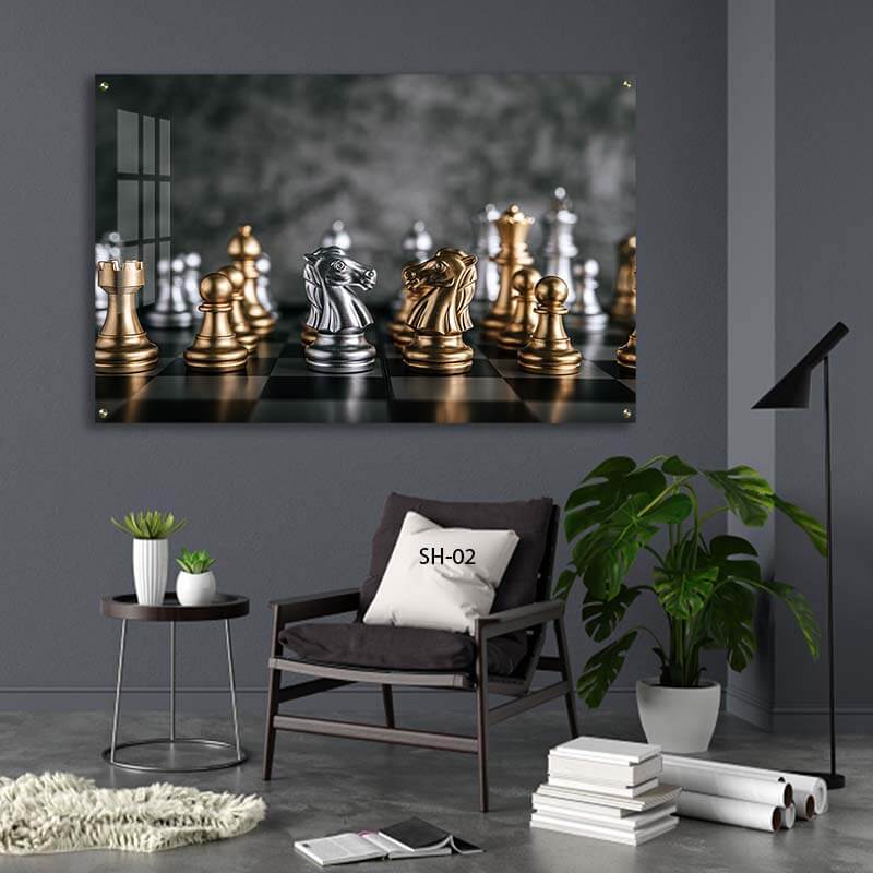 תמונת זכוכית למשרד של כלי שחמט זהב כסף