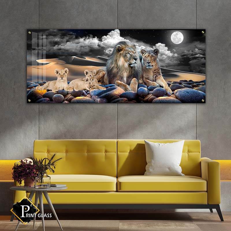 תמונת זכוכית פנורמית לסלון של משפחת אריות