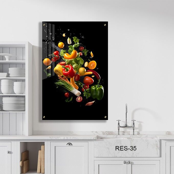 תמונת זכוכית מגניבה למטבח של ירקות ברקע שחור