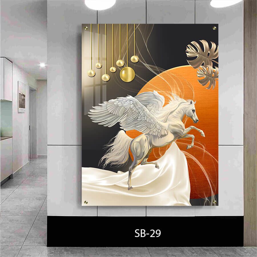 תמונת זכוכית לסלון של סוס לבן עם כנפיים