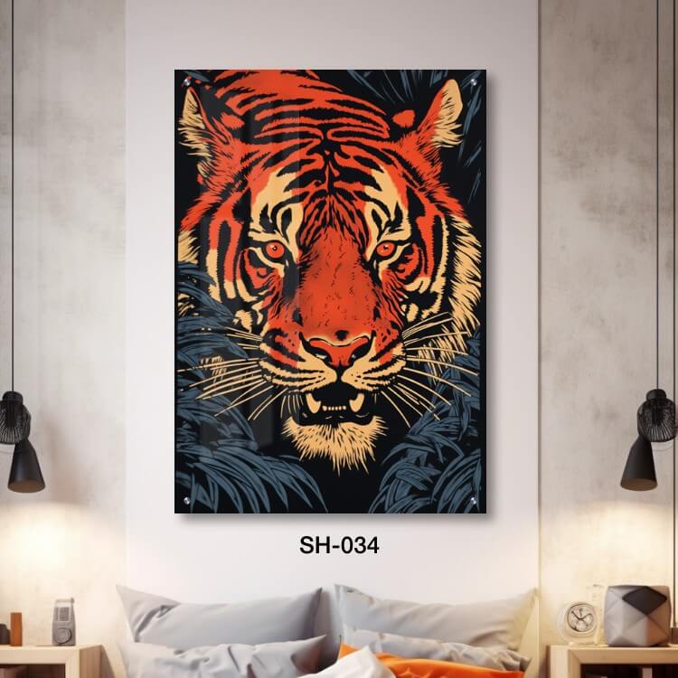 תמונת זכוכית לחדר שינה לגבר של טיגריס מצויר בשיחים