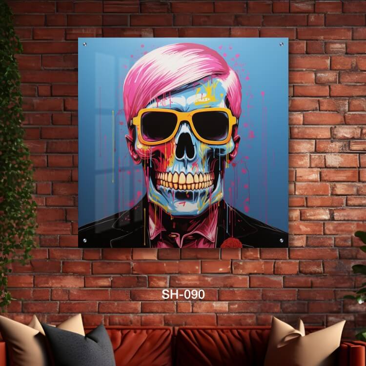 תמונת זכוכית מגניבה לסלון של גולגולת עם משקפיים