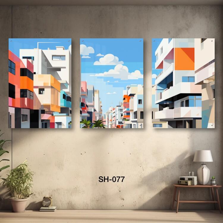 שלישיית תמונות זכוכית לסלון של בניינים