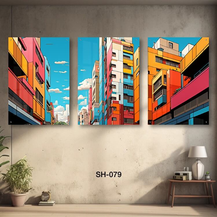 תמונות זכוכית מחולקות לסלון של נוף בניינים צבעוניים