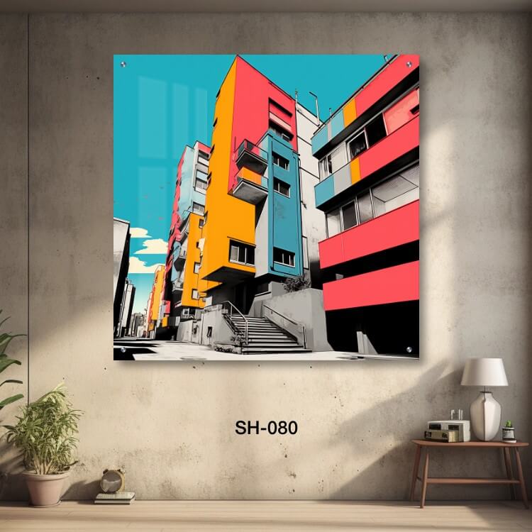 תמונת זכוכית לסלון של בניין צבעוני