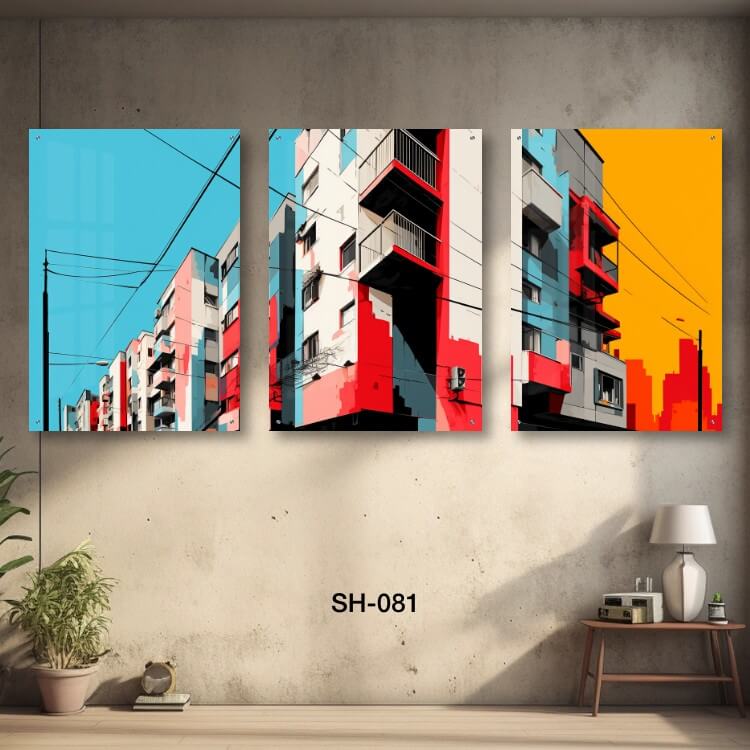 תמונות זכוכית לסלון של נוף רחוב בניינים צבעוניים