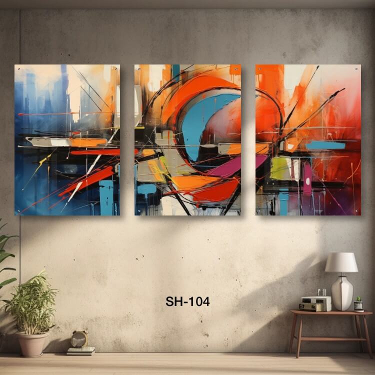 שלישיית תמונות זכוכית לסלון אבסטרקט צבעוני