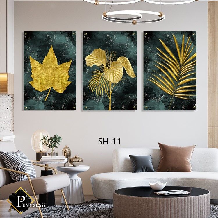 תמונות זכוכית מחולקות לסלון של עלים בזהב