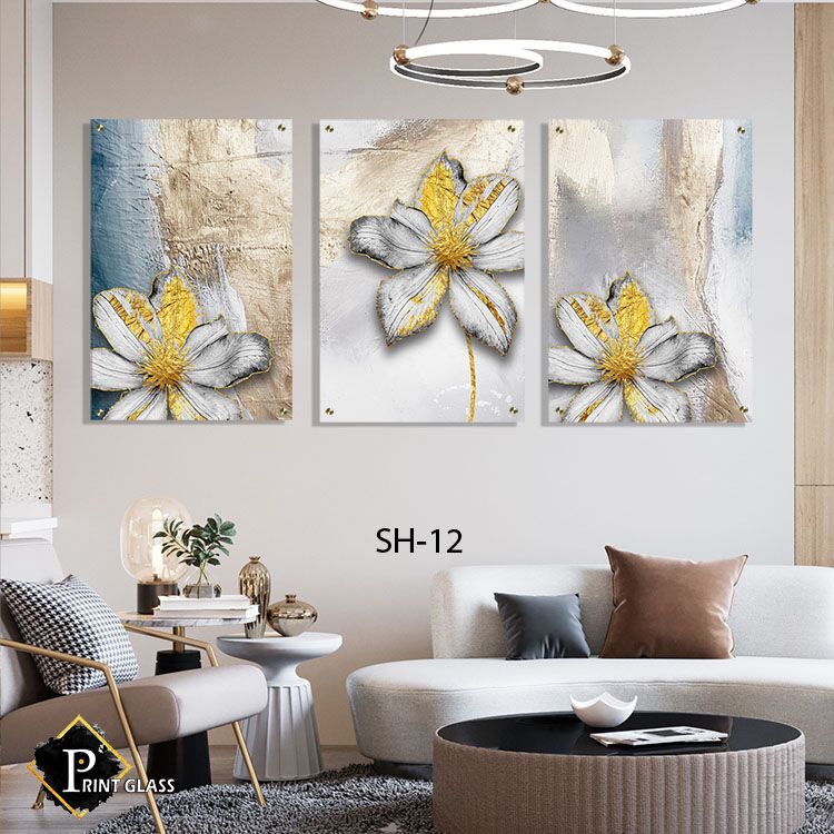 שלישיית תמונות זכוכית לסלון של פרחים לבנים