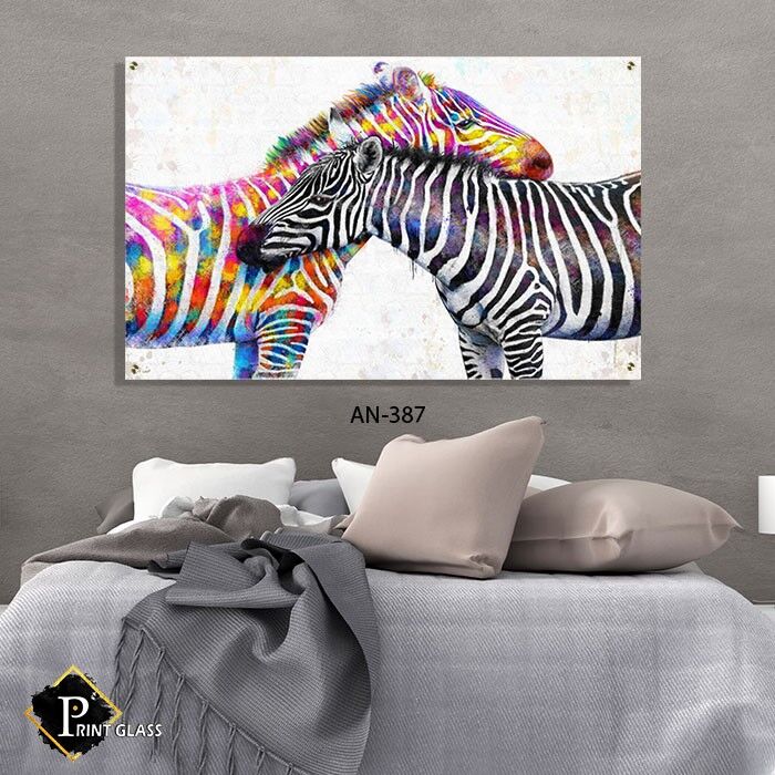 תמונה מודפסת על זכוכית לסלון זברות צבעוניות