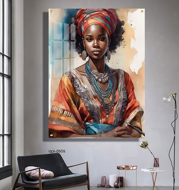 תמונה לסלון אישה אפריקאית בגווני כתום וכחול