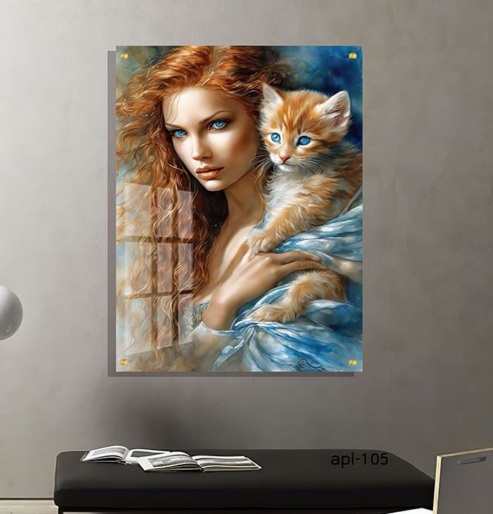 תמונת זכוכית לחדר השינה האישה והחתול עיניים שמיים ושיער אדמה