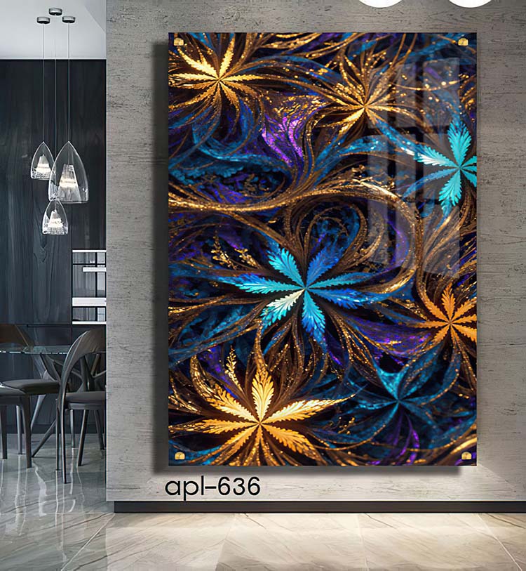 תמונה מזכוכית לסלון פרחים בגווני סגול כחול וזהב