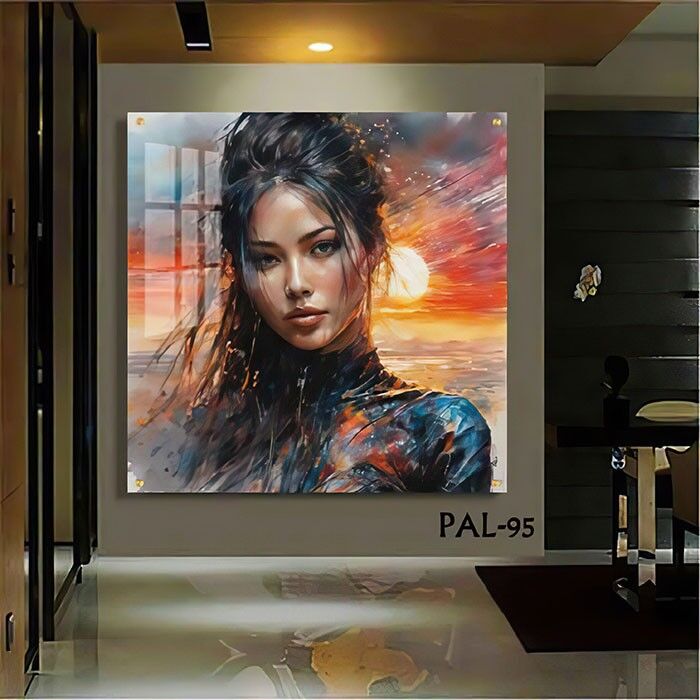 תמונת זכוכית לחדר השינה של אישה בגווני השקיעה