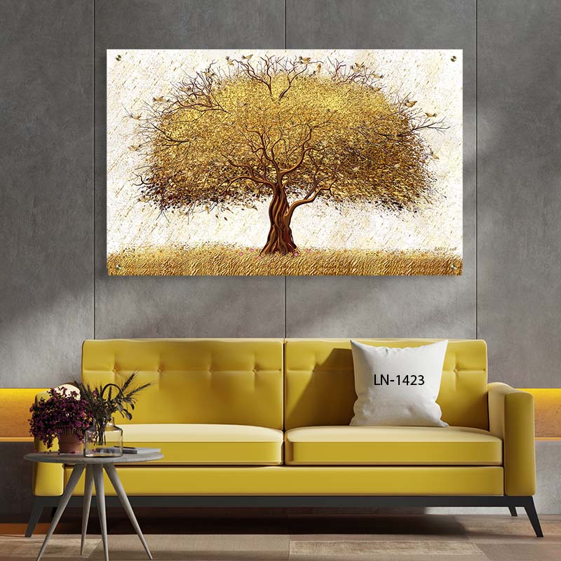 תמונת זכוכית לסלון עץ זהוב מרהיב