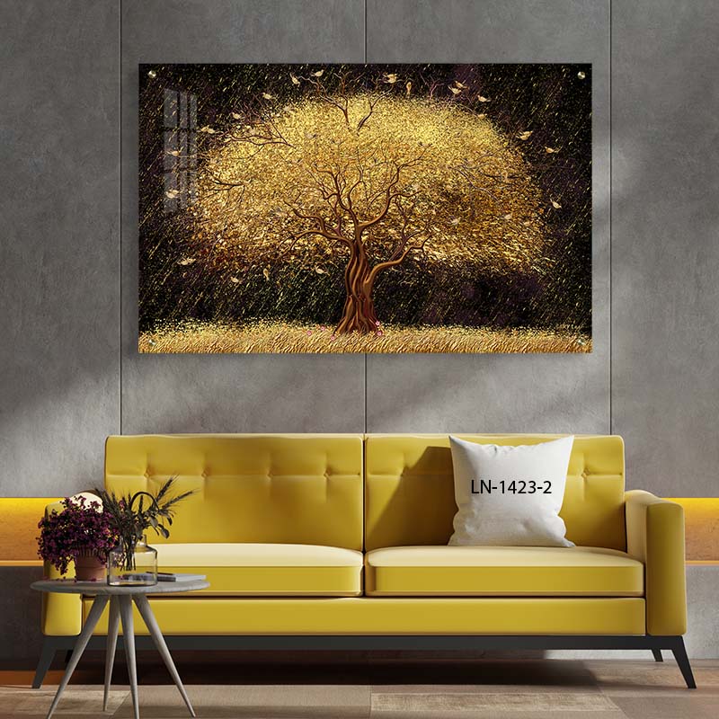 תמונת זכוכית לסלון עץ זהוב בלילה גשום