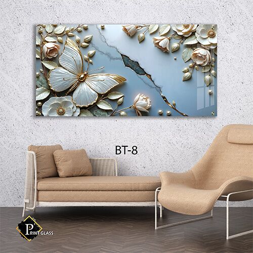 תמונה לסלון של פרפר לבן על רקע שיש ופרחים עדינים