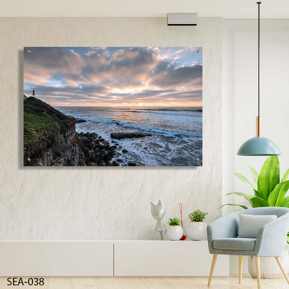 תמונה לסלון של נוף ים ושקיעה מעל צוק סלעי