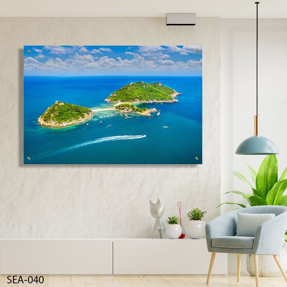 תמונה לסלון של נוף אווירי של אי טרופי בלב ים טורקיז