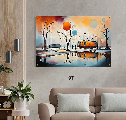 תמונה לסלון של אוטובוס כתום ליד עצים עם השתקפות במים