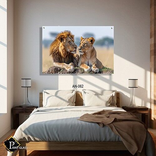 תמונה לחדר שינה של זוג אריות מביטים זה לזה