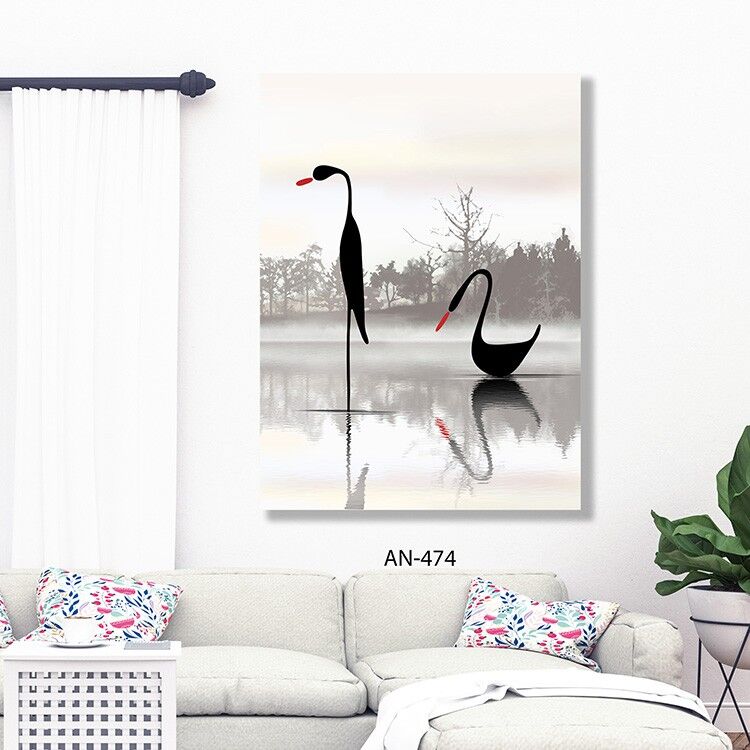 תמונה לסלון של זוג ברבורים בשחור לבן עם אדום