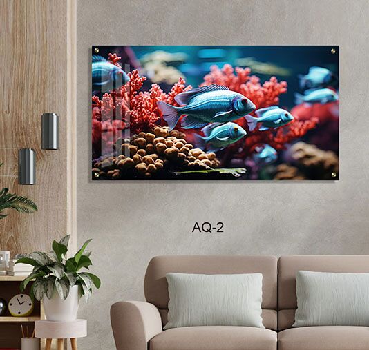תמונה לסלון של דגים כסופים סביב אלמוגים ורודים