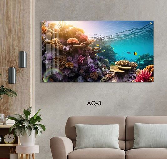 תמונה לסלון של שונית צבעונית עם אלמוגים וקרני שמש