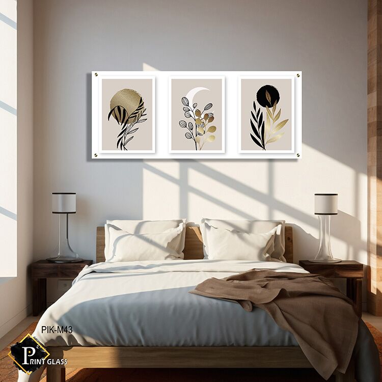 תמונה לחדר שינה של שלישיית עלים מופשטים בשחור וזהב