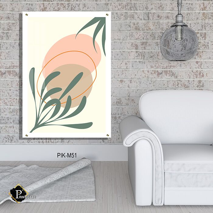 תמונה לסלון של אלמנטים מופשטים בצבעי אפרסק ועלים ירוקים