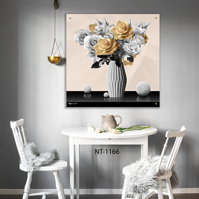 תמונה לפינת אוכל ורדים בזהב ושחור־לבן