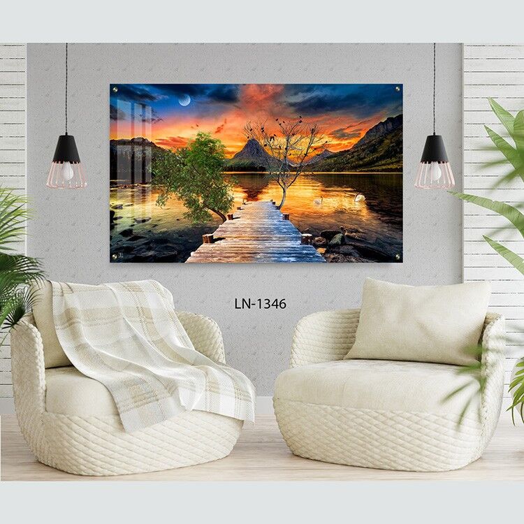 תמונה לסלון של גשר עץ על אגם בשקיעה עם הרים